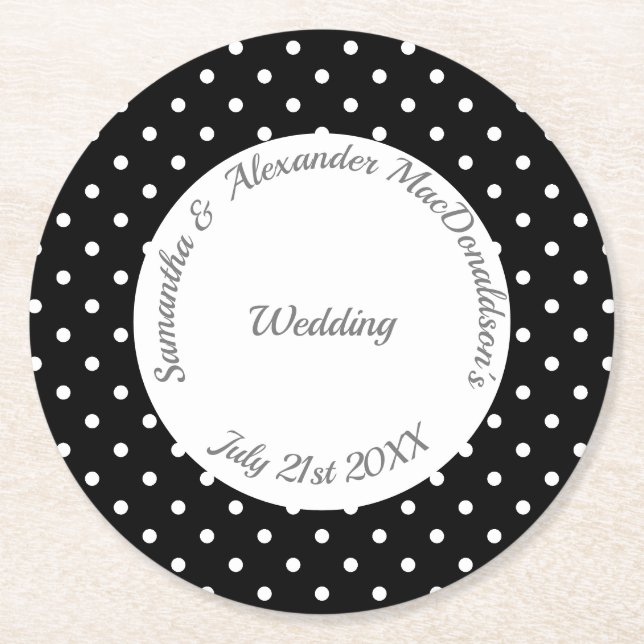 Retro black and white polkadot wedding round paper coaster (Front)