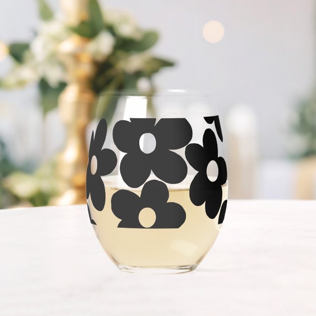 Retro Black Big Daisy Flowers Stemless Wine Glass (Insitu (Wedding))