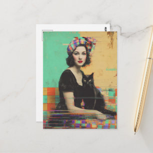 Retro Black Cat and a Lady Glitch Postcard
