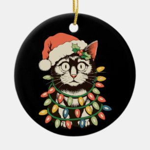 Retro Black Cat Christmas Lights Funny Xmas Santa Ceramic Ornament
