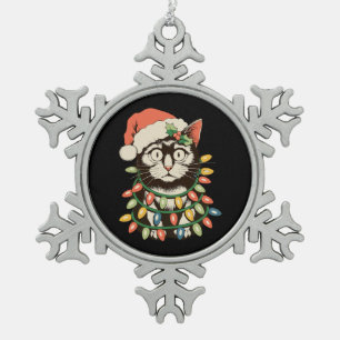 Retro Black Cat Christmas Lights Funny Xmas Santa Snowflake Pewter Christmas Ornament