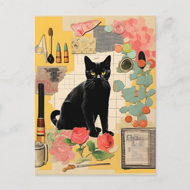 Retro Black Cat flowers Collage Postcard (Front)