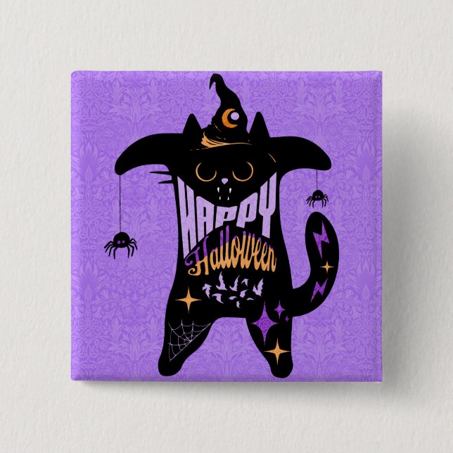 Retro Black Cat Funny Halloween   2 Inch Square Button (Front)