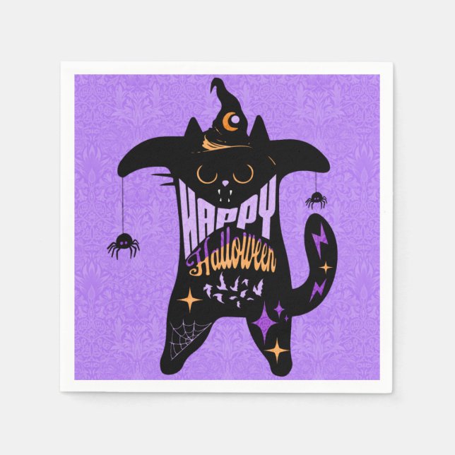 Retro Black Cat Funny Halloween  Napkin (Front)