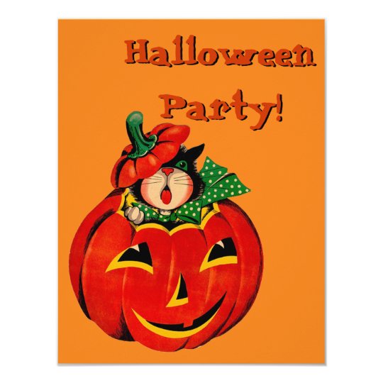 Retro Black Cat Halloween Party Invitations