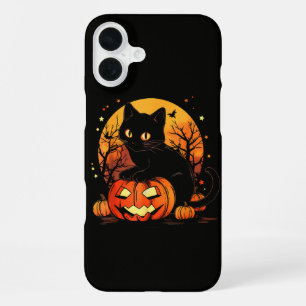 Retro Black Cat Halloween Pumpkin iPhone 16 Plus Case