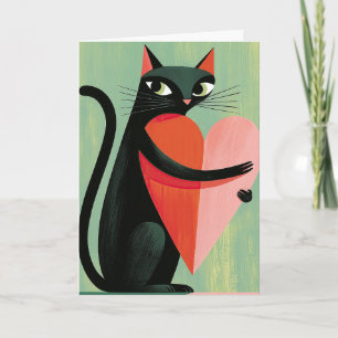 Retro Black Cat Heart Green Valentine Card