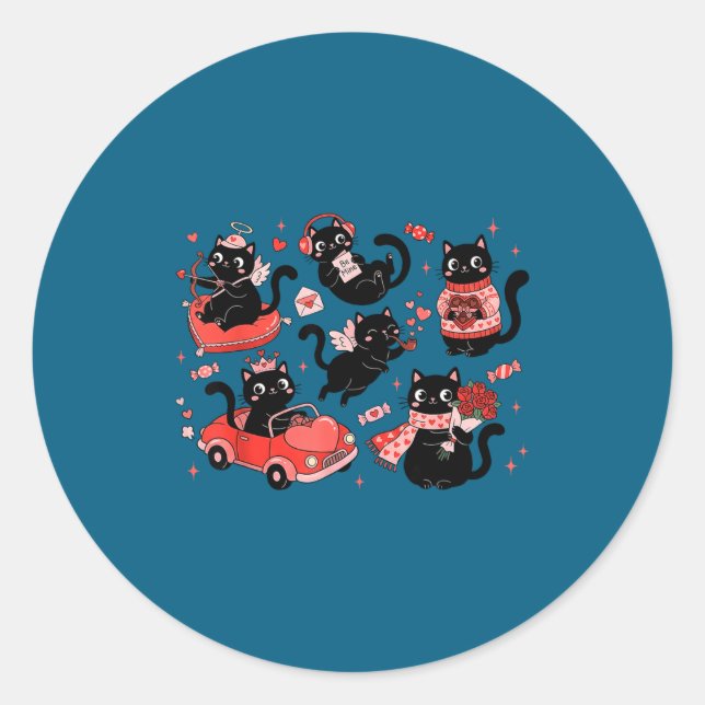 Retro Black Cat Heart Valentines Day Cute Kitten L Classic Round Sticker (Front)
