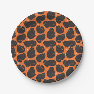 Retro Black Cat in Orange Paper Plate