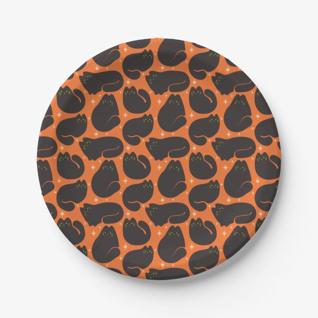 Retro Black Cat in Orange Paper Plate (Front)