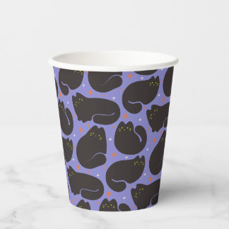 Retro Black Cat in Purple Paper Cups