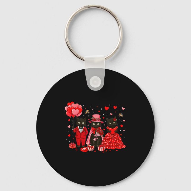 Retro Black Cat Meowentine's Day Heart Valentines  Keychain (Front)