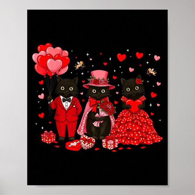 Retro Black Cat Meowentine's Day Heart Valentines  Poster (Front)