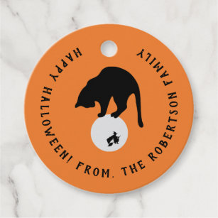Retro Black Cat on the Moon Halloween Favour Tags