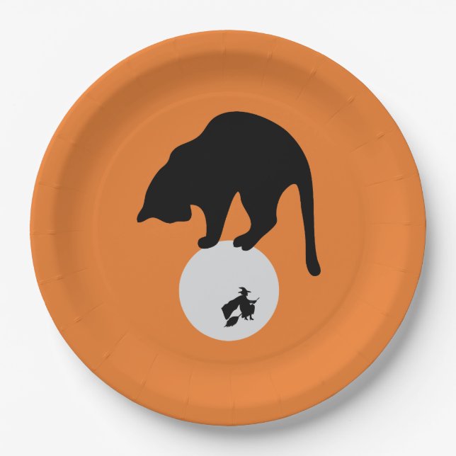 Retro Black Cat on the Moon Halloween Paper Plate (Front)