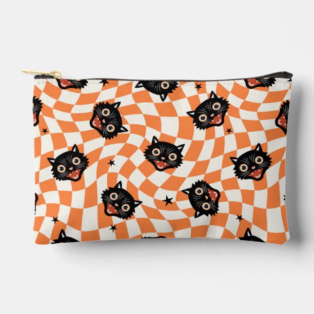 Retro Black Cat Orange Check Pattern Accessory Pouch (Front)