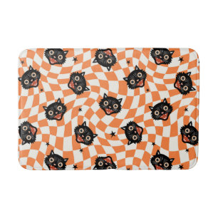 Retro Black Cat Orange Check Pattern Bath Mat