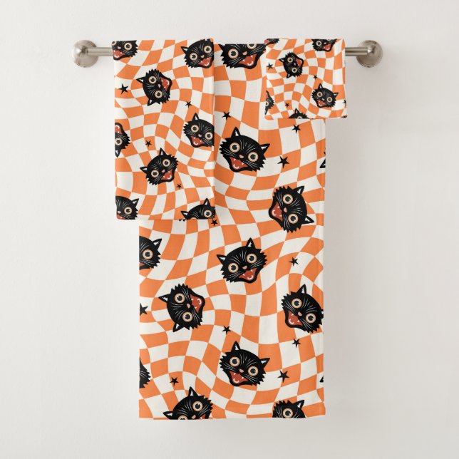 Retro Black Cat Orange Check Pattern Bath Towel Set (Insitu)