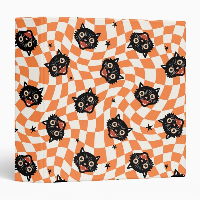 Retro Black Cat Orange Check Pattern Binder (Front/Spine)