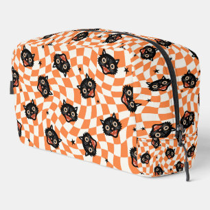 Retro Black Cat Orange Check Pattern Dopp Kit