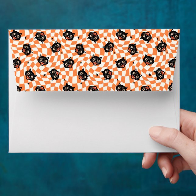 Retro Black Cat Orange Check Pattern Envelope (Hand)