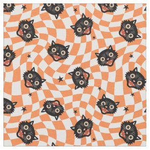 Retro Black Cat Orange Check Pattern Fabric