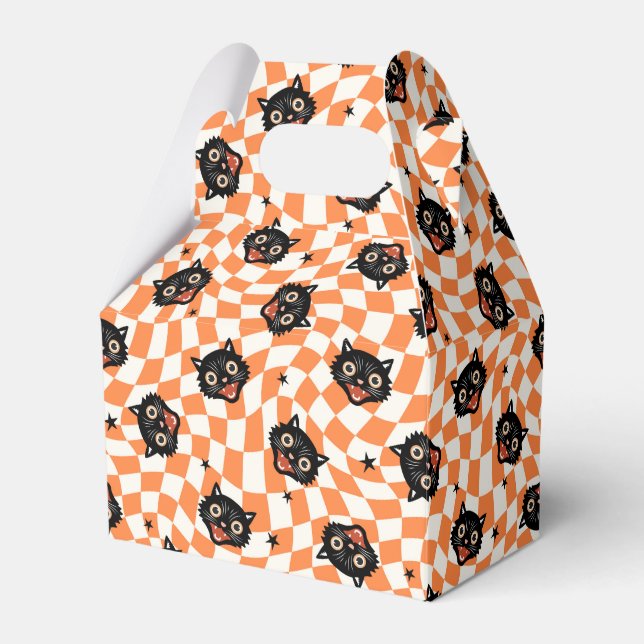 Retro Black Cat Orange Check Pattern Favor Box (Front Side)