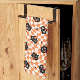 Retro Black Cat Orange Check Pattern Kitchen Towel