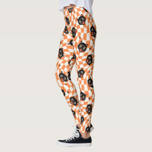 Retro Black Cat Orange Check Pattern Leggings