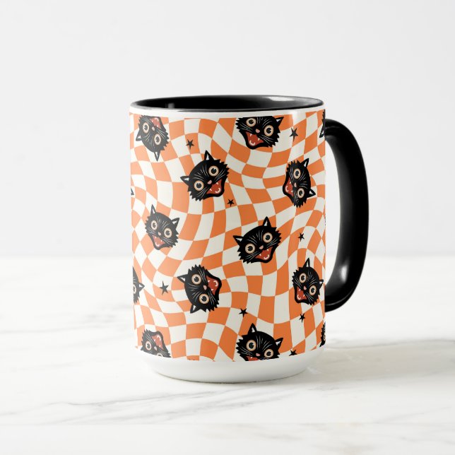Retro Black Cat Orange Check Pattern Mug (Front Right)