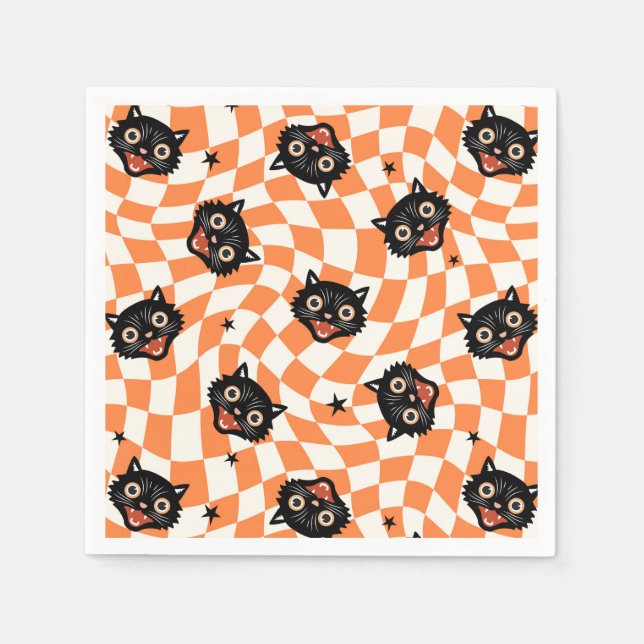 Retro Black Cat Orange Check Pattern Napkin (Front)
