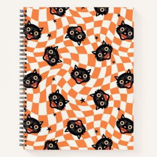 Retro Black Cat Orange Check Pattern Notebook