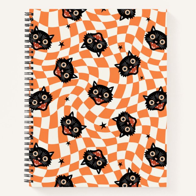 Retro Black Cat Orange Check Pattern Notebook (Front)