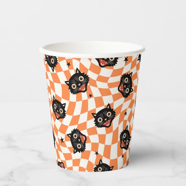 Retro Black Cat Orange Check Pattern Paper Cups (Front)