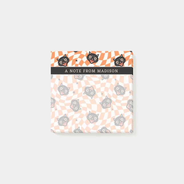 Retro Black Cat Orange Check Pattern Post-it Notes (Front)