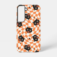 Retro Black Cat Orange Check Pattern