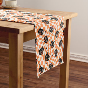 Retro Black Cat Orange Check Pattern Short Table Runner