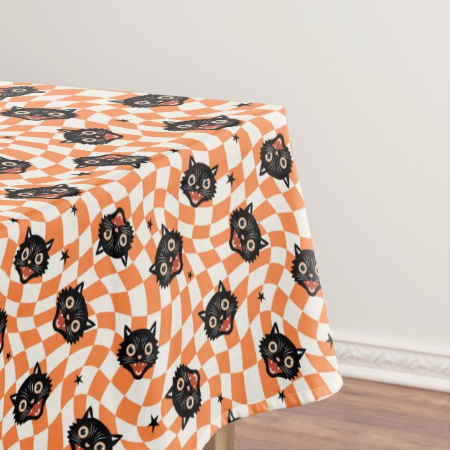 Retro Black Cat Orange Check Pattern Tablecloth (In Situ)