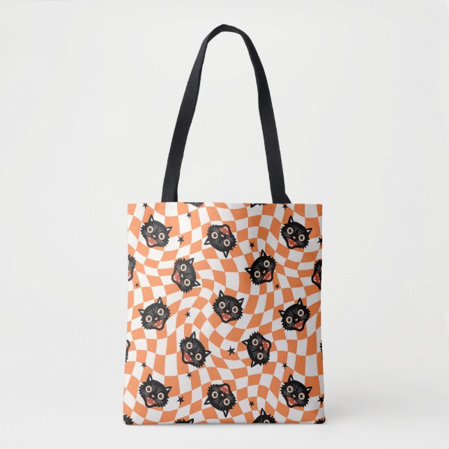 Retro Black Cat Orange Check Pattern Tote Bag (Front)