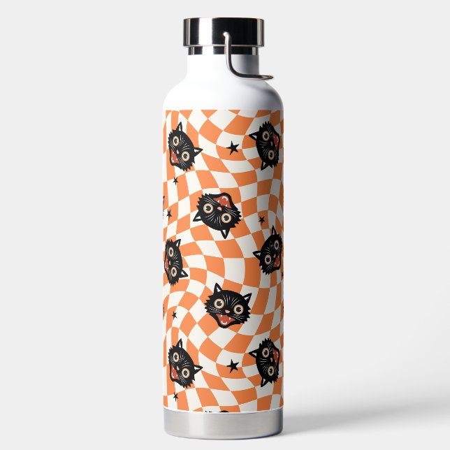 Retro Black Cat Orange Check Pattern Water Bottle (Left)