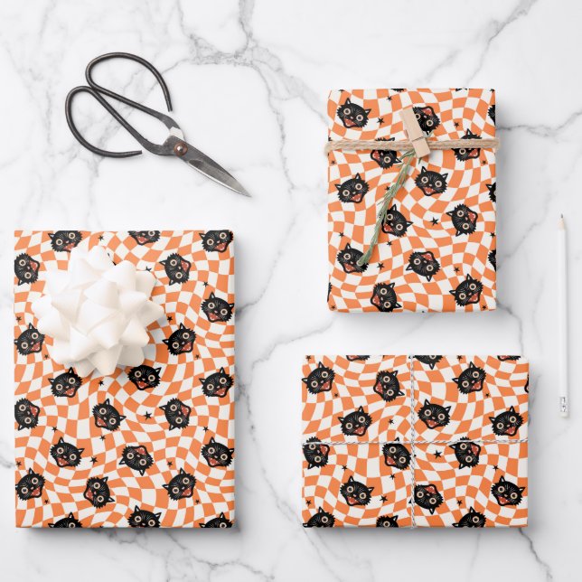 Retro Black Cat Orange Check Pattern Wrapping Paper Sheet (Front)