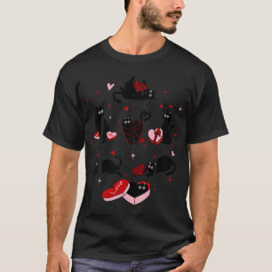 Retro Black Cat Playing Heart Valentines Day Cat K T-Shirt