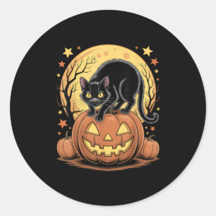 Retro Black Cat Pumpkin Funny Halloween Classic Round Sticker