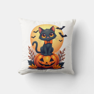 Retro Black Cat Pumpkin Halloween Costume Fall Aut Throw Pillow