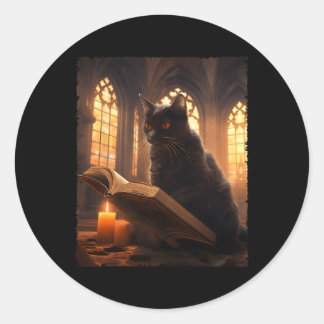 Retro Black Cat Reading Book Vintage Halloween Boo Classic Round Sticker