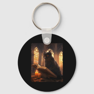 Retro Black Cat Reading Book Vintage Halloween Boo Keychain