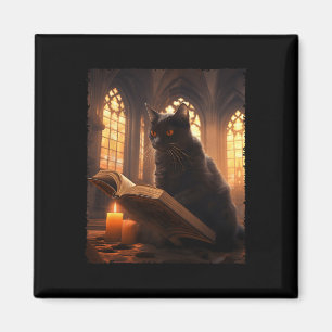 Retro Black Cat Reading Book Vintage Halloween Boo Magnet