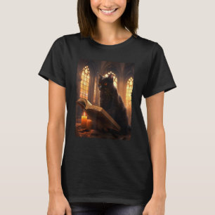 Retro Black Cat Reading Book Vintage Halloween Boo T-Shirt