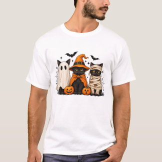 Retro Black Cat Witch Scary Halloween Pumpkin T-Shirt