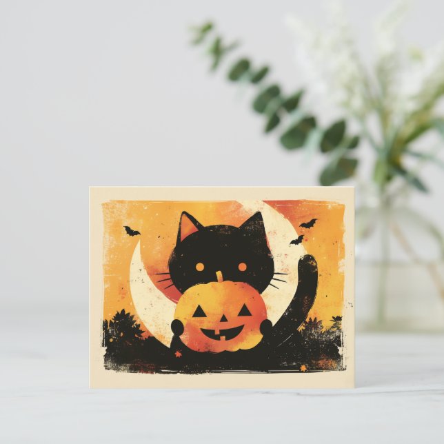 Retro Black Cat with Jack O' Lantern Holiday Postcard (Standing Front)